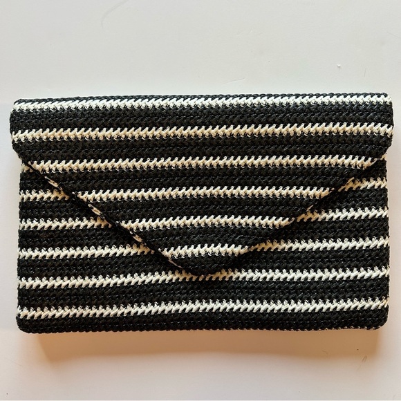 Bam Forever Handbags - Chic Black and White Striped Straw Clutch with Gold Chain Shoulder Strap